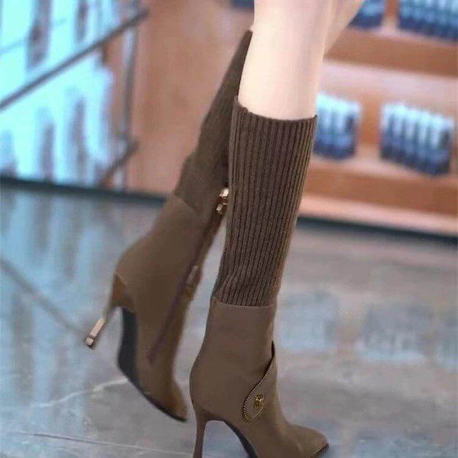 Over-The-Knee Stretch Knit Stiletto Boots For Everyday in dark brown stretch knit with pointed toe, side zipper and waterproof thick rubber sole