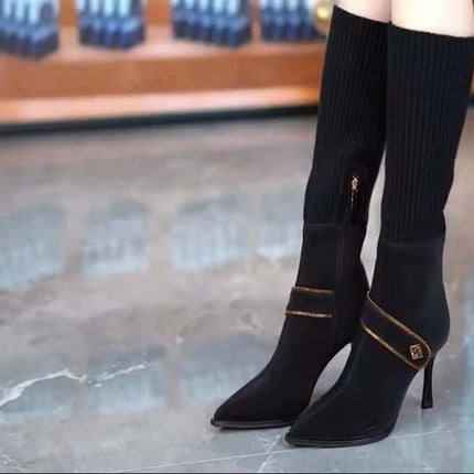 Over-The-Knee Stretch Knit Stiletto Boots For Everyday in black stretch knit with pointed toe, side zipper and waterproof thick sole