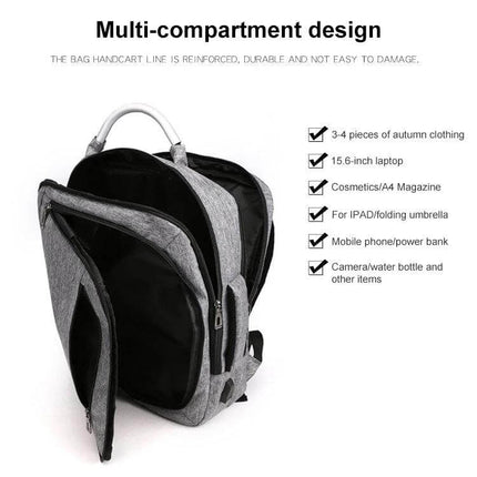 Oxford Laptop Backpack for Daily Commute and Travel, grey multi-compartment design showing 15.6-inch laptop, tablet, camera and organized storage