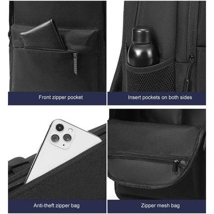 Oxford Laptop Backpack Water Repellent For Work And Travel – black compact oxford fabric bag with front pocket, side bottle pocket, anti-theft zipper and mesh pouch
