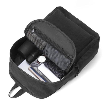 Oxford Laptop Backpack Water Repellent For Work And Travel black open view showing organized laptop, tablet, watch, umbrella and accessories