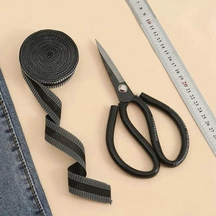 Pant Leg Stickers For Repairs 50m Polyester Roll For DIY Patches - black iron-on tape roll with scissors and ruler for hemming and clothing repairs