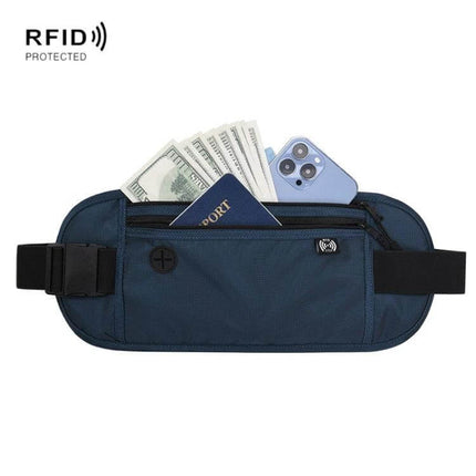Passport Fit Waterproof Phone Waist Pack For Travel showing navy waist pouch with passport, cash and phone, RFID protected, compact lightweight travel organizer