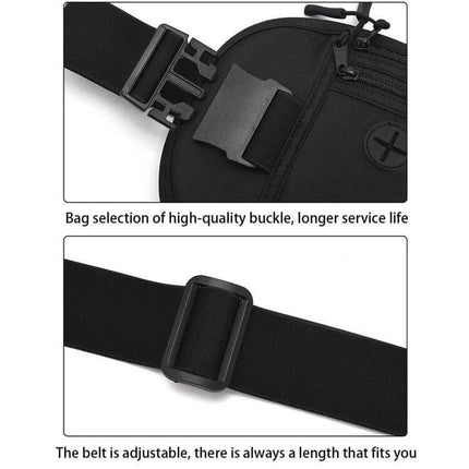 Passport Fit Waterproof Phone Waist Pack For Travel black waist pack close-up buckles adjustable belt and zipper pockets
