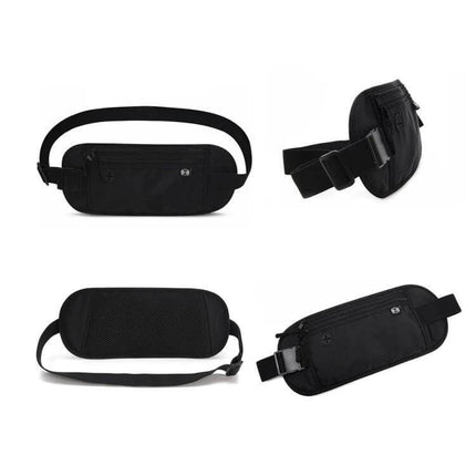 Passport Fit Waterproof Phone Waist Pack For Travel – compact black waterproof waist pack shown from front, back and side views for secure travel carry