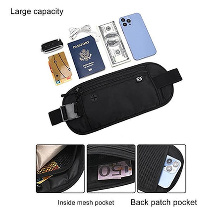 Passport Fit Waterproof Phone Waist Pack For Travel - black compact waterproof waist pouch holding passport, phone, cash, cards with mesh and back patch pockets