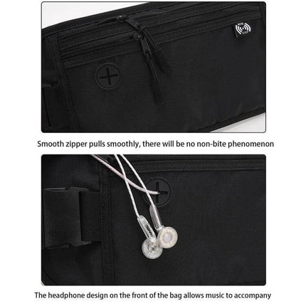 Passport Fit Waterproof Phone Waist Pack For Travel - black compact waist pack with smooth zippers and front headphone port for hands-free access