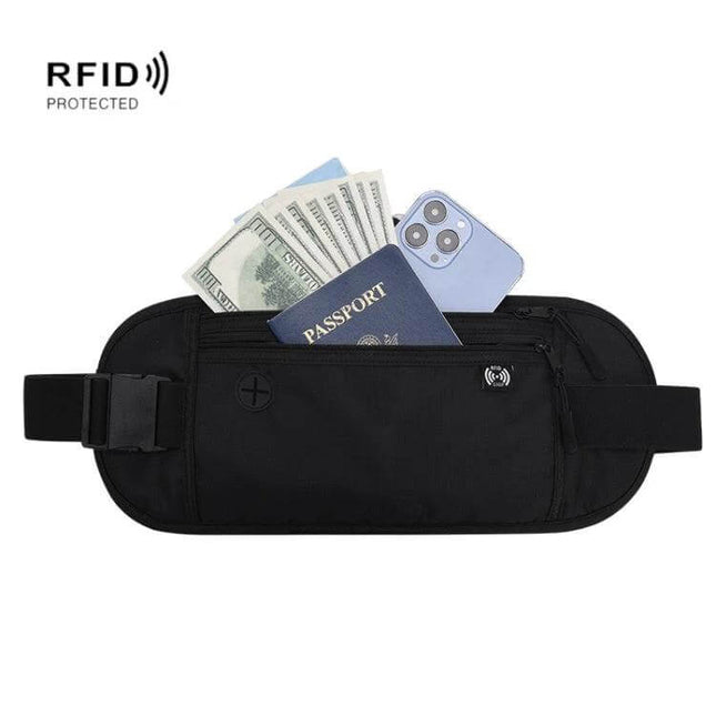 Passport Fit Waterproof Phone Waist Pack For Travel – black RFID passport, phone and cash travel waist pouch