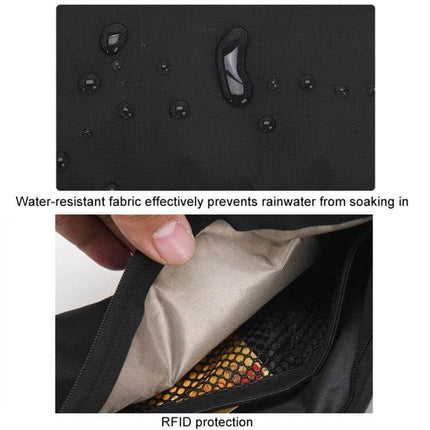 Passport Fit Waterproof Phone Waist Pack For Travel showing water-resistant fabric with water droplets and interior RFID protection pocket