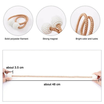 Pearl Magnetic Buckle Curtain Strap For Easy Curtain Holdbacks shown stretched with pearl magnetic ends and braided polyester rope (about 48 cm)