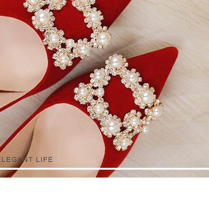 Pearl Rhinestone Stiletto Wedding Heels For Bride Satin - red satin pointed heels with pearl and rhinestone buckle embellishments for ceremony or photos