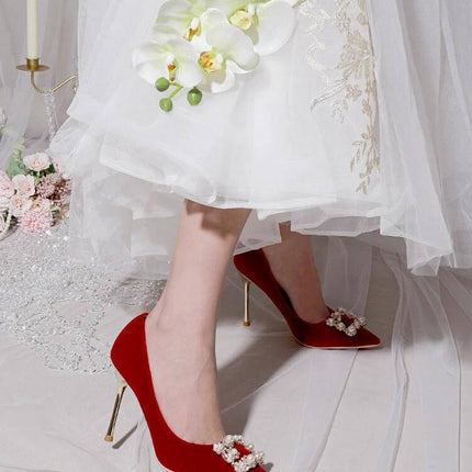 Pearl Rhinestone Stiletto Wedding Heels For Bride Satin red satin bridal stilettos with pearl rhinestone embellishments and slim gold heel