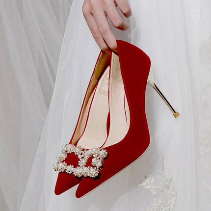 Pearl Rhinestone Stiletto Wedding Heels For Bride Satin — white satin bridal stiletto with pearl and clear rhinestone embellishments on slim heel