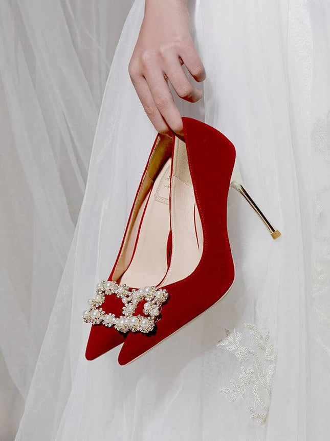 Pearl Rhinestone Stiletto Wedding Heels For Bride Satin — white satin bridal stiletto with pearl and clear rhinestone embellishments on slim heel