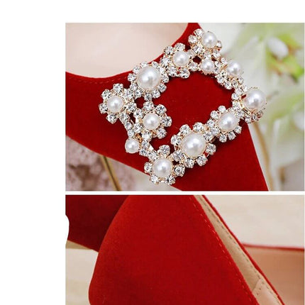 Pearl Rhinestone Stiletto Wedding Heels For Bride Satin - red satin stiletto with pearl and rhinestone buckle detail, slim heel for ceremony and photos