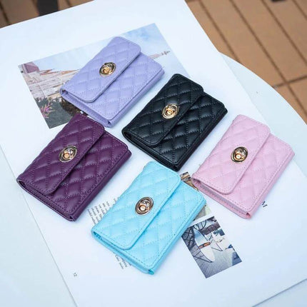 Phone Back Card Holder With Metal Buckle Thin And Lightweight - quilted PU leather card wallet with metal buckle in multiple colors
