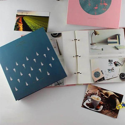 Photo Album 5 Inch Family Keepsake For Storing Memories - teal binder-style album open with 5-inch photo inserts and sample prints