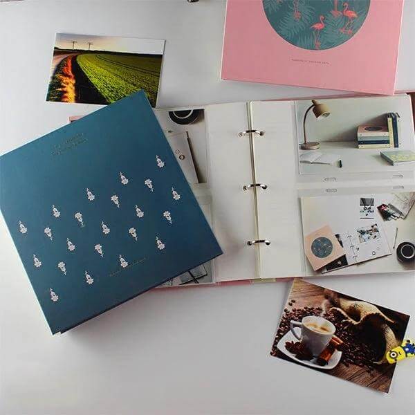 Photo Album 5 Inch Family Keepsake For Storing Memories - teal binder-style album open with 5-inch photo inserts and sample prints