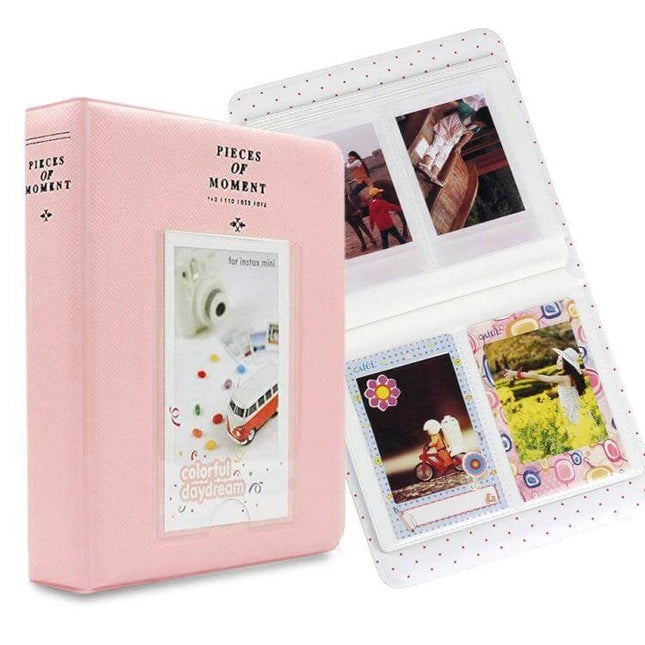 64-Pocket Instax Mini Photo Album For Your Memories - pink compact album with 64 pockets and front photo slot showing mini Instax prints