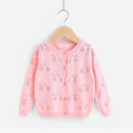 Knitwear Baby Cardigan With Diagonal Tie Closure For Everyday Wear - pink cherry-pattern knit baby cardigan with buttons, soft enzyme-washed finish