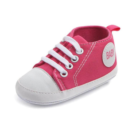 Canvas Baby First Walker Soft Sole Sneakers For Toddlers pink cotton canvas baby shoe with white toe and laces, soft anti-slip sole for early steps