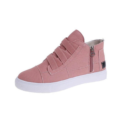 Canvas Flat Walking Shoes For Women With Side Zipper Closure in dusty pink canvas with white rubber sole and side zipper for easy on/off, low-profile casual sneaker