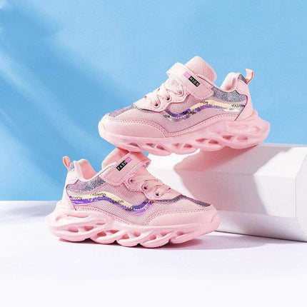 Girls Velcro Sneakers With Breathable Mesh For Daily Wear - pink kids sneakers with EVA non-slip sole, Velcro strap, breathable mesh for school and playground