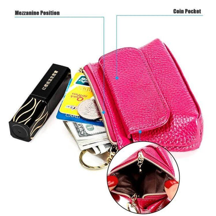 Litchi Texture Cowhide Small Wallet For Women Daily Use - pink dumpling-style compact wallet with coin pocket, zipper, cards, cash and key ring