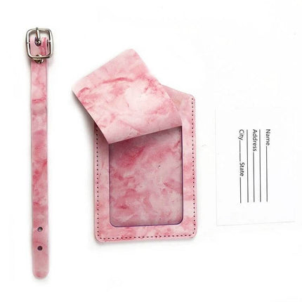Marbled PU Leather Luggage Tag for Easy Travel Identification - pink marble PU leather tag with buckle strap and ID card window, compact 11×7cm