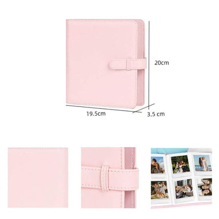 Polaroid Square Photo Storage Album Pink for Polaroids showing compact pink PU cover, snap closure, dimensions and internal pockets for square photos