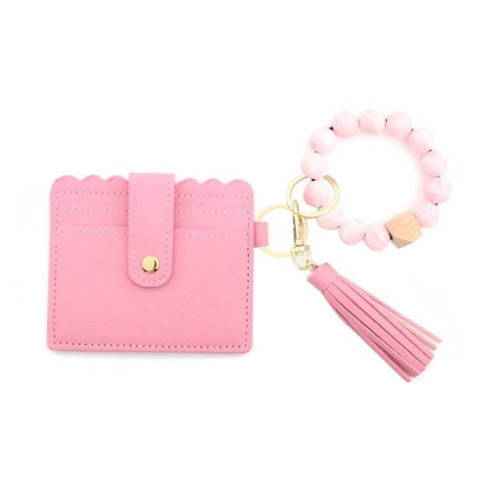 PU Tassel Silicone Bead Bracelet Wallet With Keychain Sunflower — pink PU card wallet with sunflower accent, tassel and silicone bead bracelet keychain