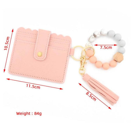 PU Tassel Silicone Bead Bracelet Wallet With Keychain Sunflower - pink PU leather card holder with sunflower accent, tassel and silicone bead bracelet keychain