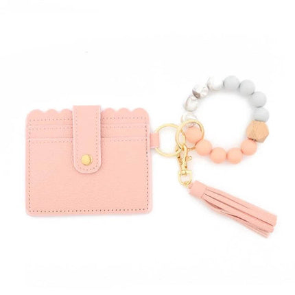 PU Tassel Silicone Bead Bracelet Wallet With Keychain Sunflower - pink PU card holder with tassel and silicone bead bracelet keychain