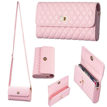 Crossbody PU Horizontal Bag for Large Capacity Everyday Essentials - pink quilted PU leather crossbody wallet showing strap, clasp and interior pockets