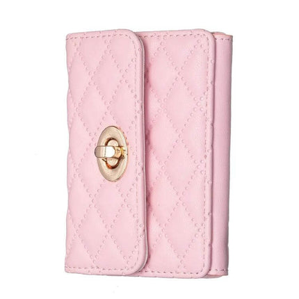 Phone Back Card Holder With Metal Buckle Thin And Lightweight pink quilted PU leather wallet-style card holder with gold metal buckle