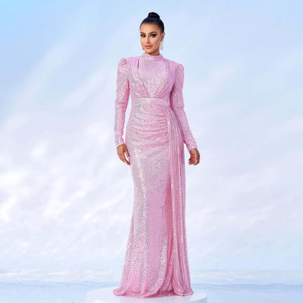 Sequined Banquet Dress Long Sleeve for Evening Events in pink sequined long-sleeve hip-skirt gown for weddings and galas