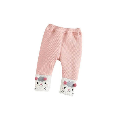 Three Layer Quilted Kids Pants For Winter Everyday Wear - pink ribbed toddler pants with cute animal face cuffs, ages 1–3, warm cotton quilted interior