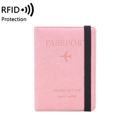 Travel Passport Card Bag With RFID Protection For Everyday Trips - pink PU leather passport card bag with RFID protection, elastic strap, holds passports and cards