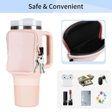 Water Cup Side Pocket Zipper Bag For 40oz Tumbler On The Go attached to pink 40oz tumbler showing zipper pocket holding keys, earphones, cards and cash