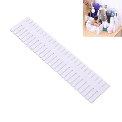 Plastic Drawer Dividers, 4-Piece Pack, 37x7 cm For Drawer Organization - white plastic adjustable divider shown and used to organize cosmetics and utensils