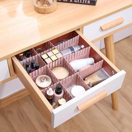 Plastic Drawer Dividers, 4-Piece Pack, 37x7 cm For Drawer Organization - pink plastic dividers creating compartments for makeup and toiletries in open drawer