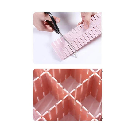 Plastic Drawer Dividers, 4-Piece Pack, 37x7 cm For Drawer Organization - trim-to-fit pink dividers forming customizable compartments