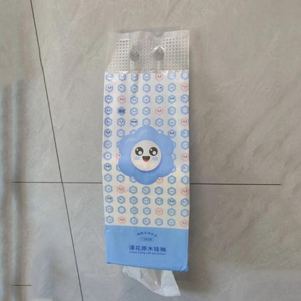 Plastic Sticky Double Hook For Paper Towels, No Drill Installation — blue floral cartoon tissue holder stuck to tiled wall