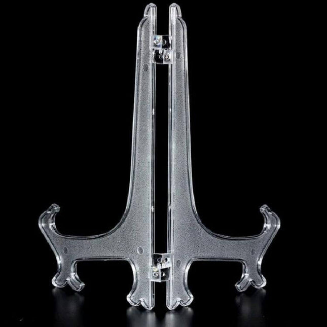 Plastic Transparent Photo Frame Holder Set Of 10 Assorted Sizes - clear plastic display stand holding plates, photos, or cards on shelf
