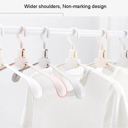 Plastic Travel Folding Clothes Hanger With Wide Shoulders on rod showing folded and unfolded lightweight PP hanger for travel and non-marking garment support