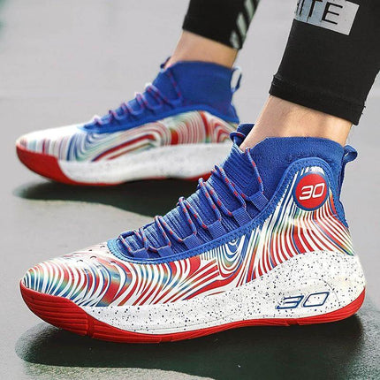 Platinum Sneakers for Boys - blue-red athletic casual sneakers with PU upper, front-tie laces, cushioned speckled sole for school and play