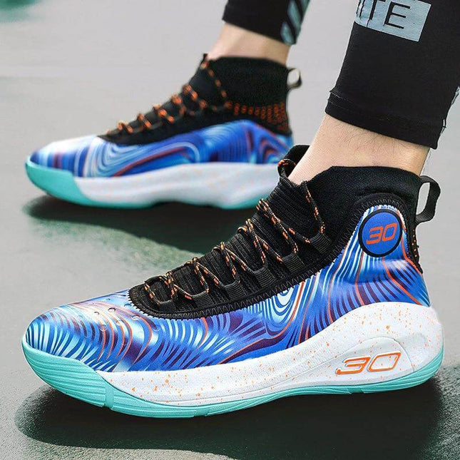 Platinum Sneakers for Boys - durable artificial PU high-top with front-tie laces, blue-platinum pattern for school and play