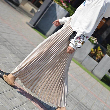 Pleated Satin Skirt, High Waist For Spring And Summer in glossy beige polyester paired with casual top for daytime outings