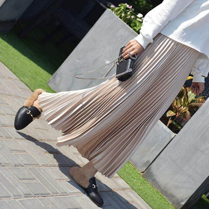 Pleated Satin Skirt, High Waist For Spring And Summer in glossy beige polyester satin with stitched pleats, styled with loafers and a chain-strap bag