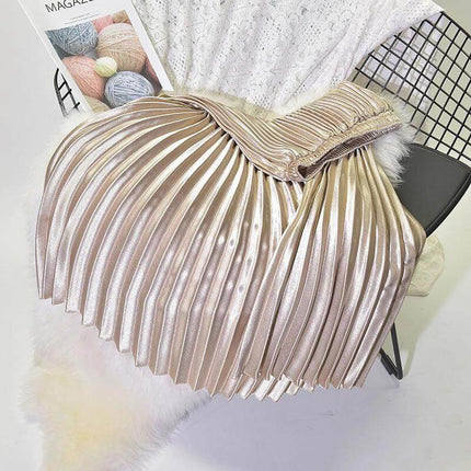 Pleated Satin Skirt, High Waist For Spring And Summer - glossy pleated high-waist satin skirt in champagne, stitched folds for durable shape and office-to-casual styling